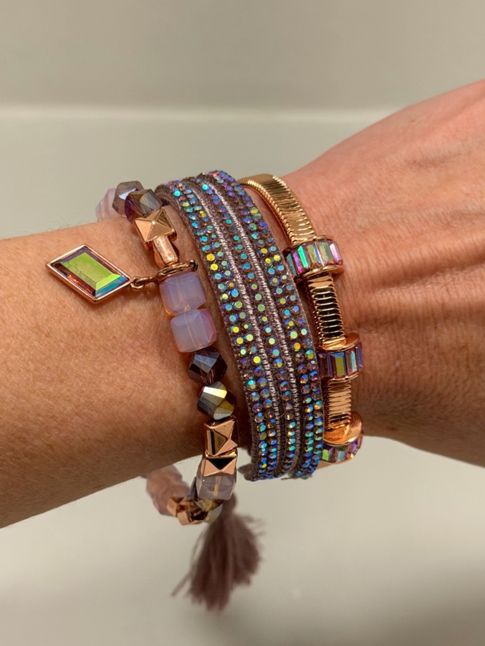 BOMB PARTY!! Iridescent Rose Gold Multi-Strand Crystal Wrap Bracelet